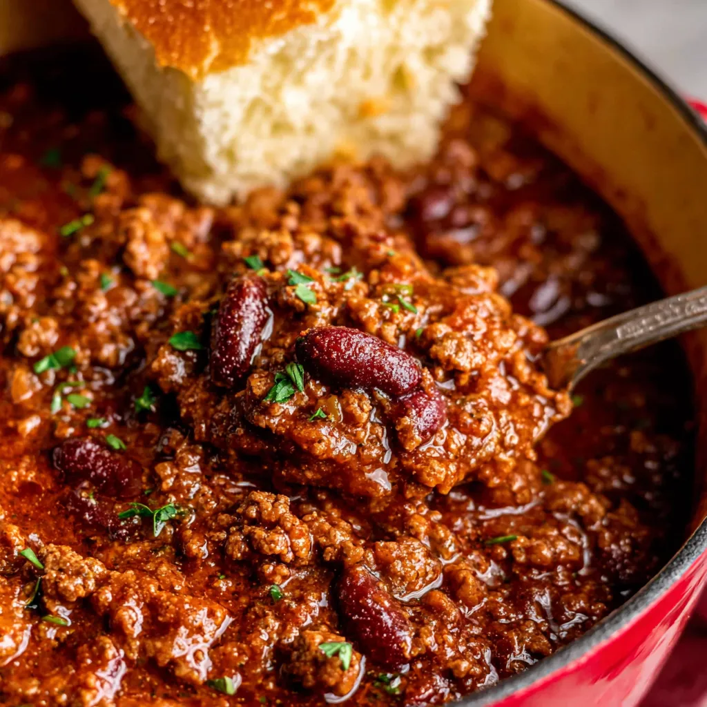 Close-up of hearty chili in a bowl. Best chili recipe with beans and beef.