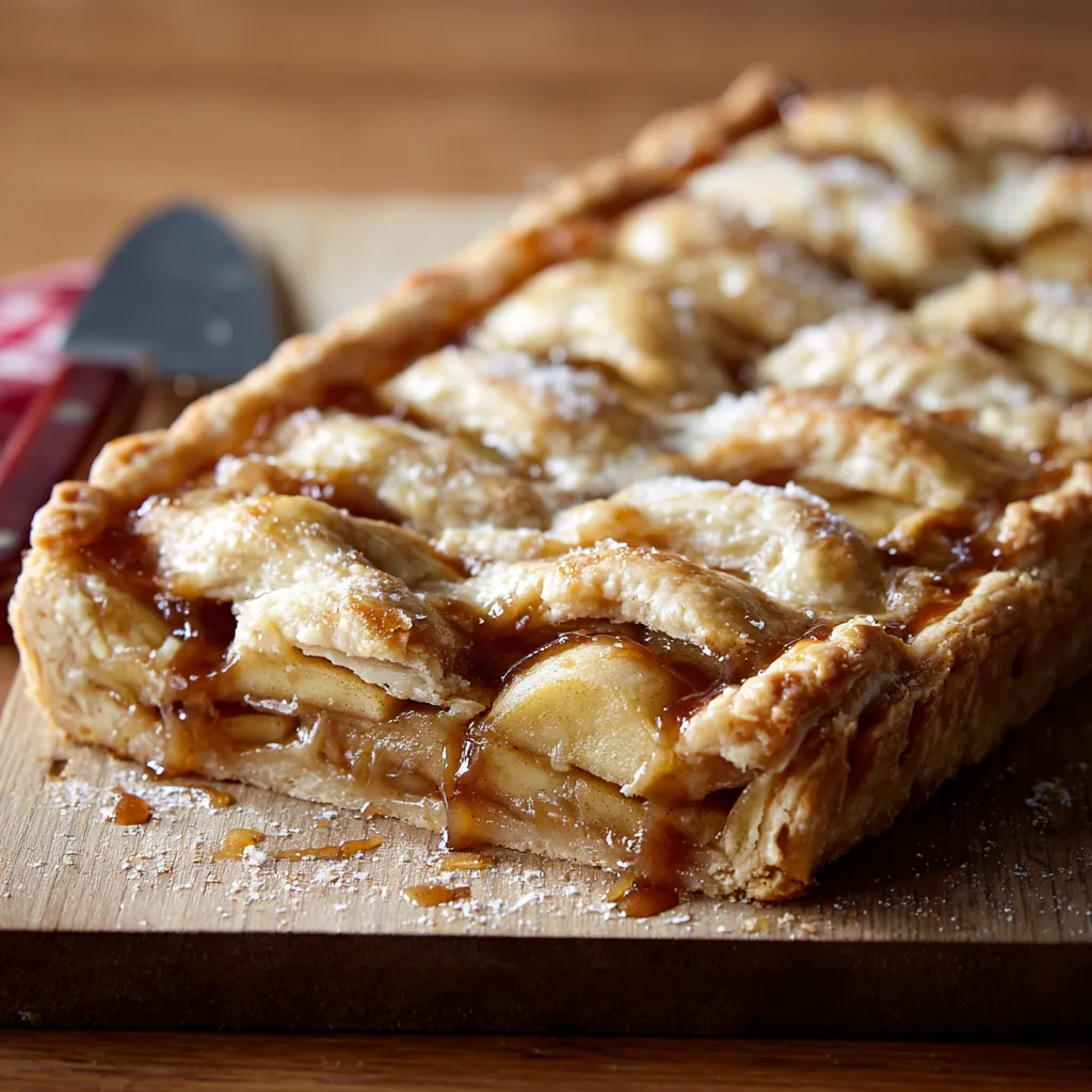 Close-up of golden, homemade apple slab pie fresh from the oven.