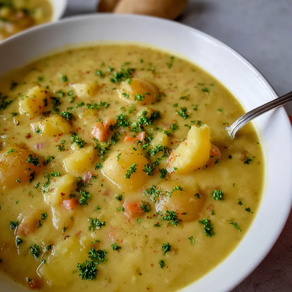 Creamy German Potato Soup (Kartoffelsuppe) in a bowl.