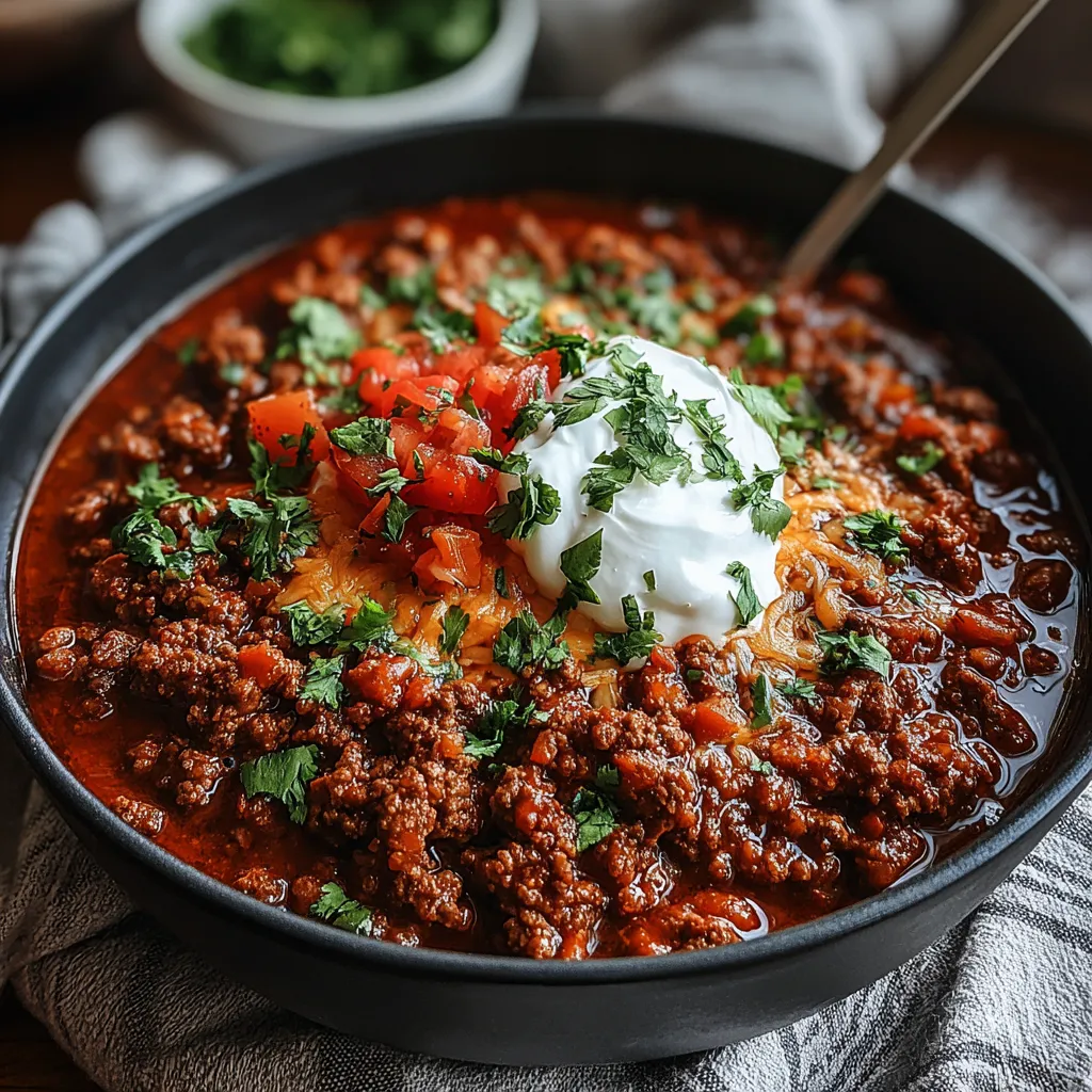 Close-up of flavorful ground beef stovetop chili.