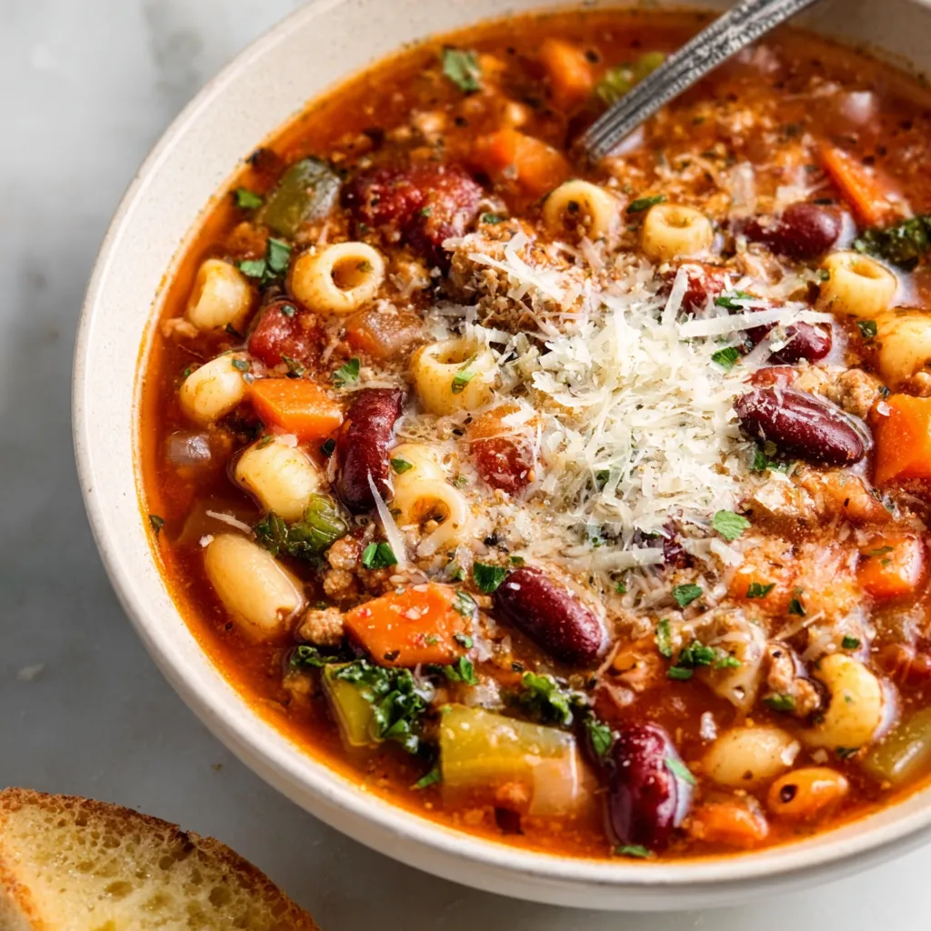 Olive Garden Pasta e Fagioli soup, close-up. Beans, pasta, and broth visible.