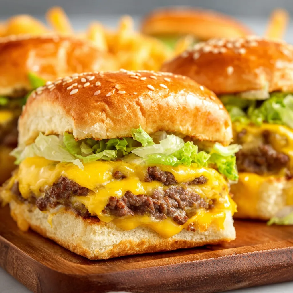 Big Mac sliders: mini burgers with sauce, lettuce, cheese, pickles, onions on sesame seed buns.