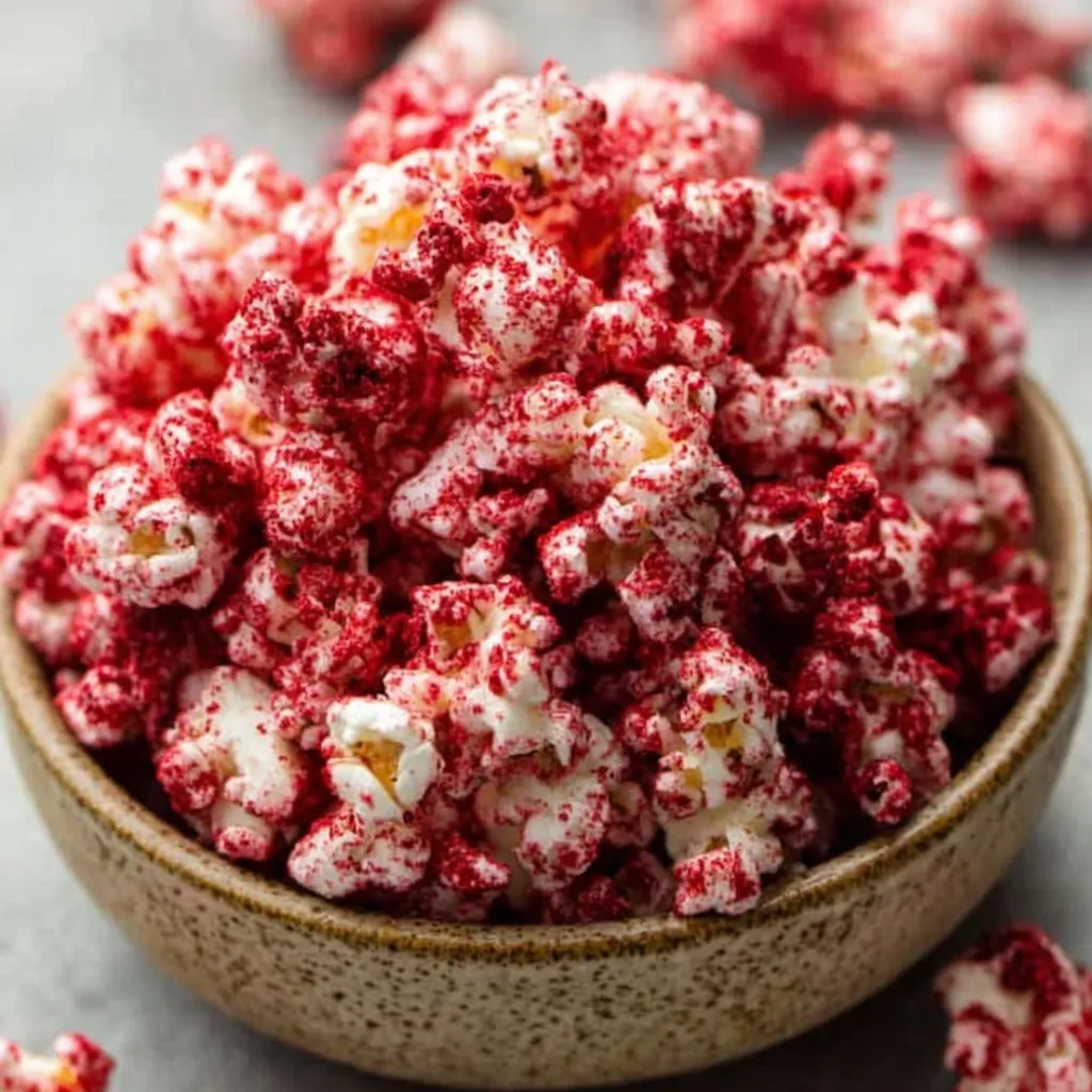 Bloody red velvet popcorn drizzled with white chocolate.