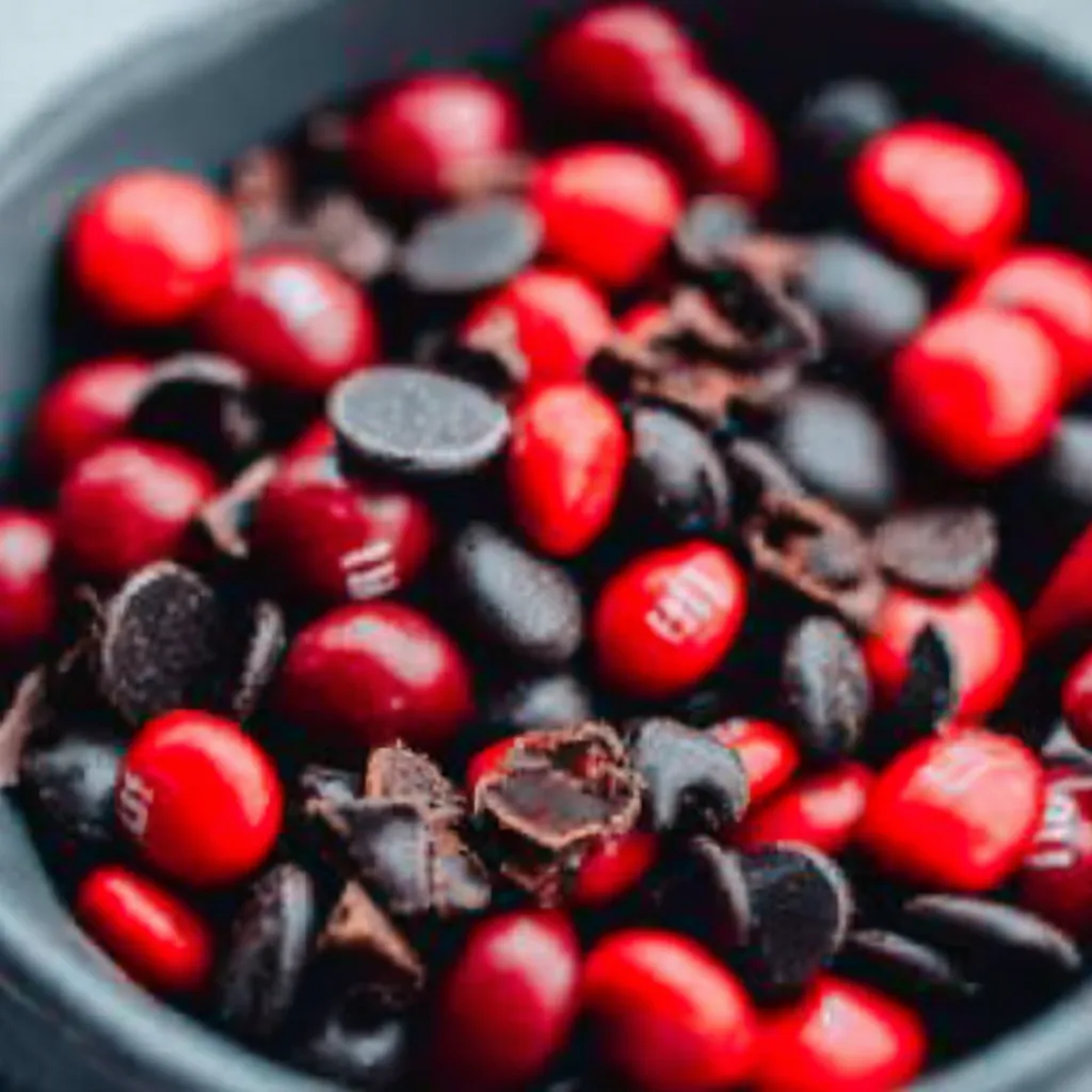 Close-up of Vampire Bite Trail Mix: red cranberries, dark chocolate chips, pumpkin seeds.