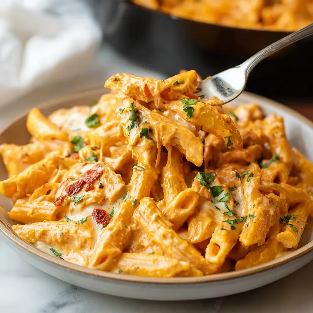 Creamy buffalo chicken pasta, close-up shot. Spicy, cheesy dinner recipe.
