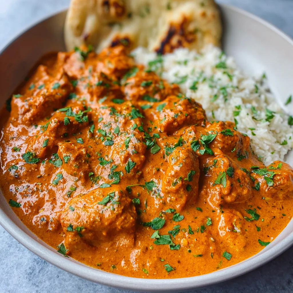 Creamy homemade butter chicken simmering in a pan. Quick and easy recipe!