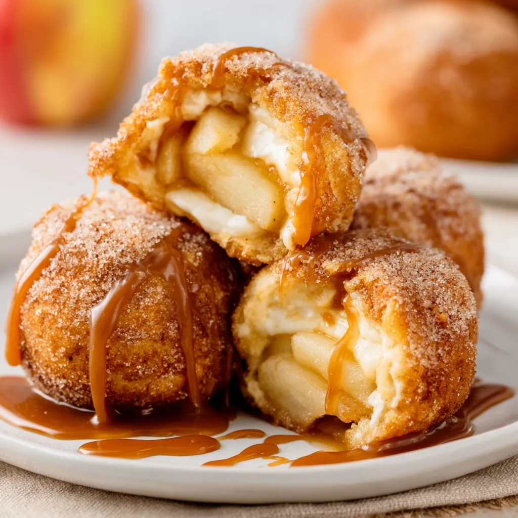 Close-up of golden Caramel Apple Pie Bombs, ready to eat.