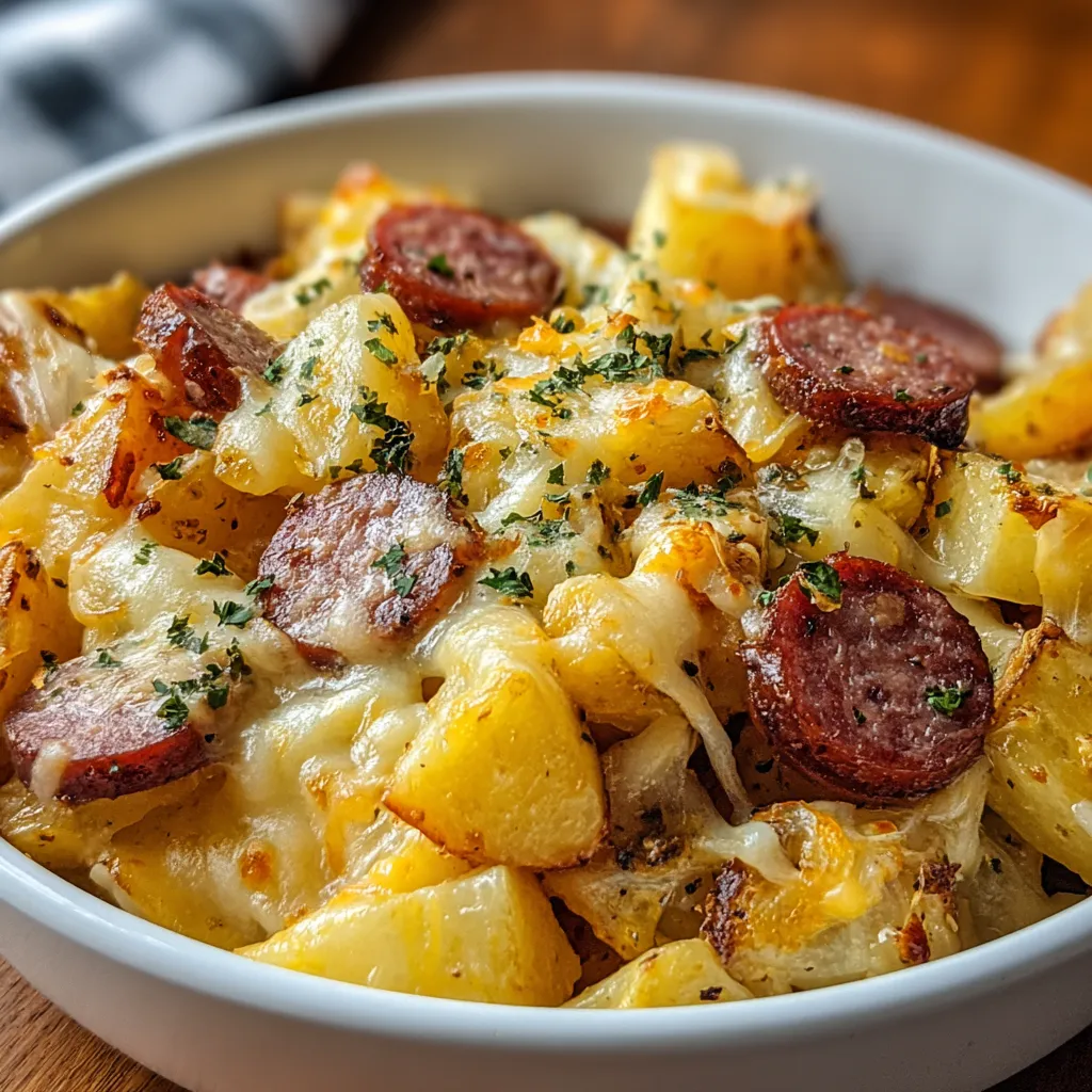 Cheesy ranch potatoes with smoked sausage, a delicious, comforting meal.