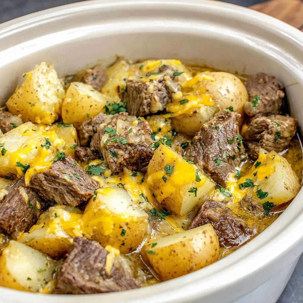 Slow cooker steak & cheddar potato casserole, ready to serve.