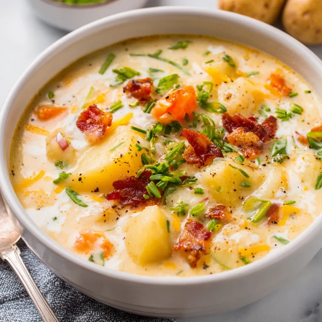 Creamy crockpot potato soup in bowl, topped with cheese and green onions.