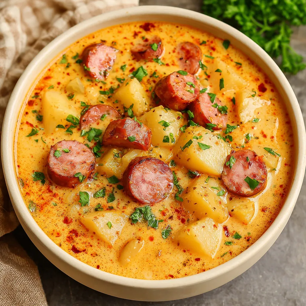 Creamy Cajun potato soup in bowl. Comfort food with spicy flavors.