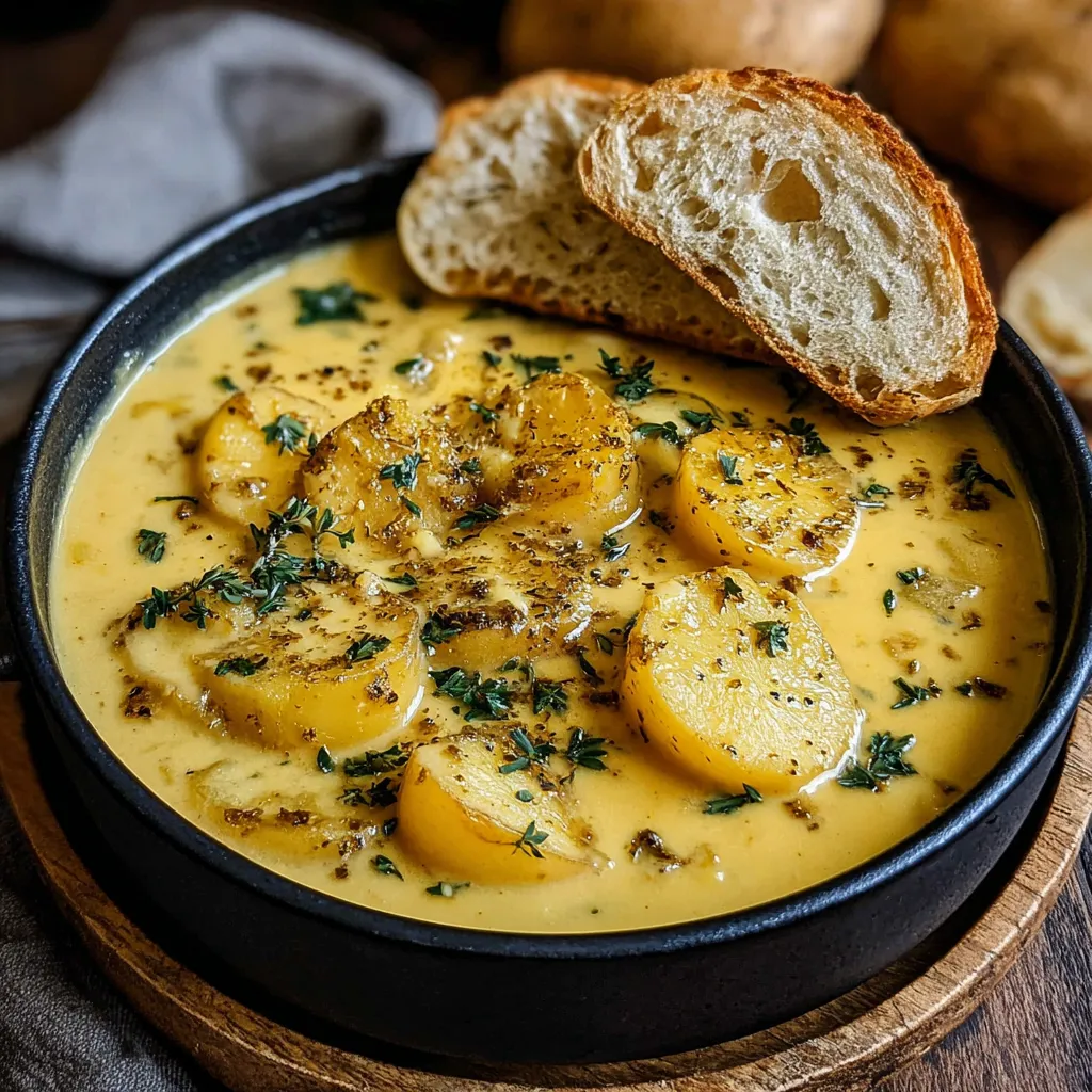 Creamy cheddar garlic herb potato soup in a bowl, ready to eat. Hearty and delicious!