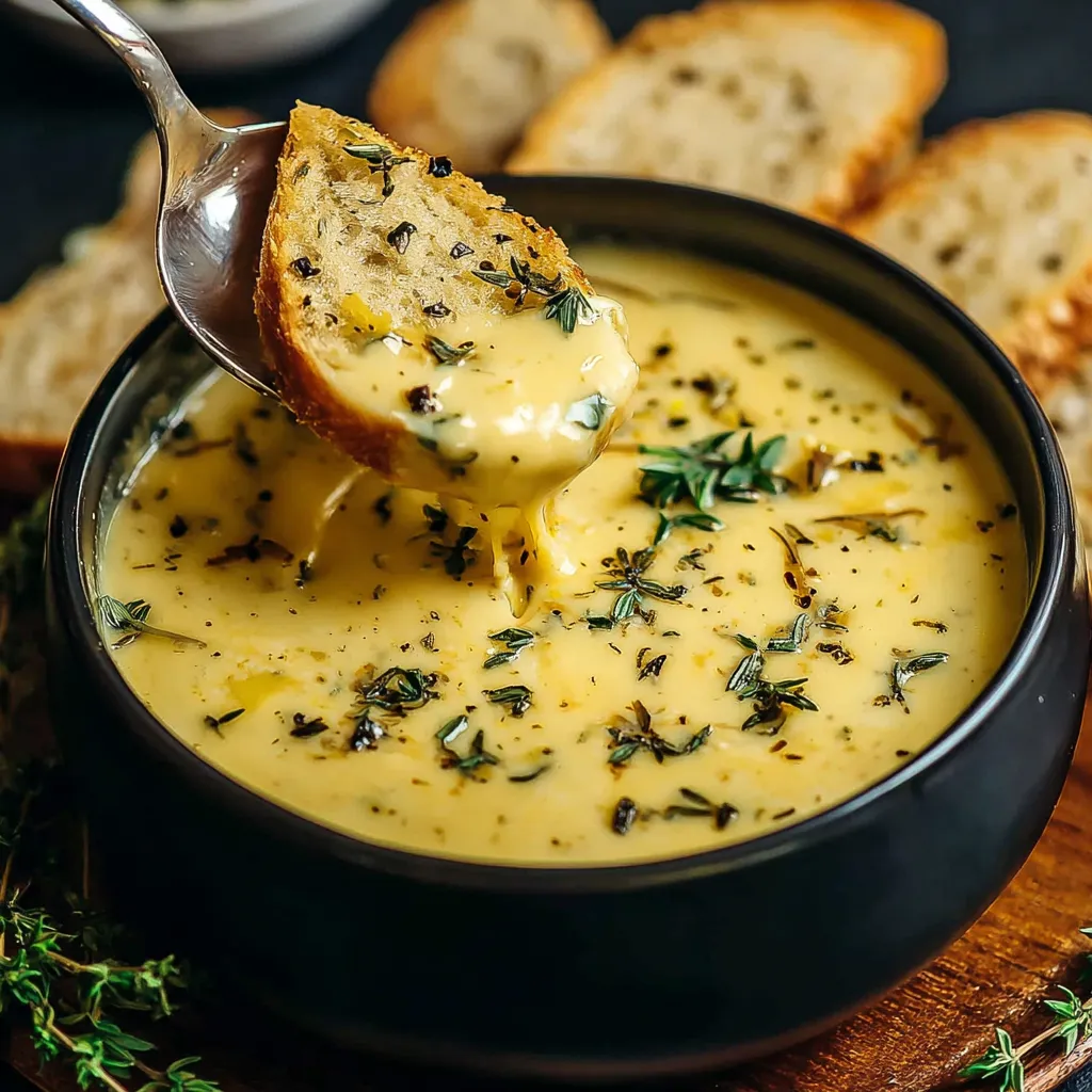 Creamy cheddar garlic herb potato soup in a bowl.