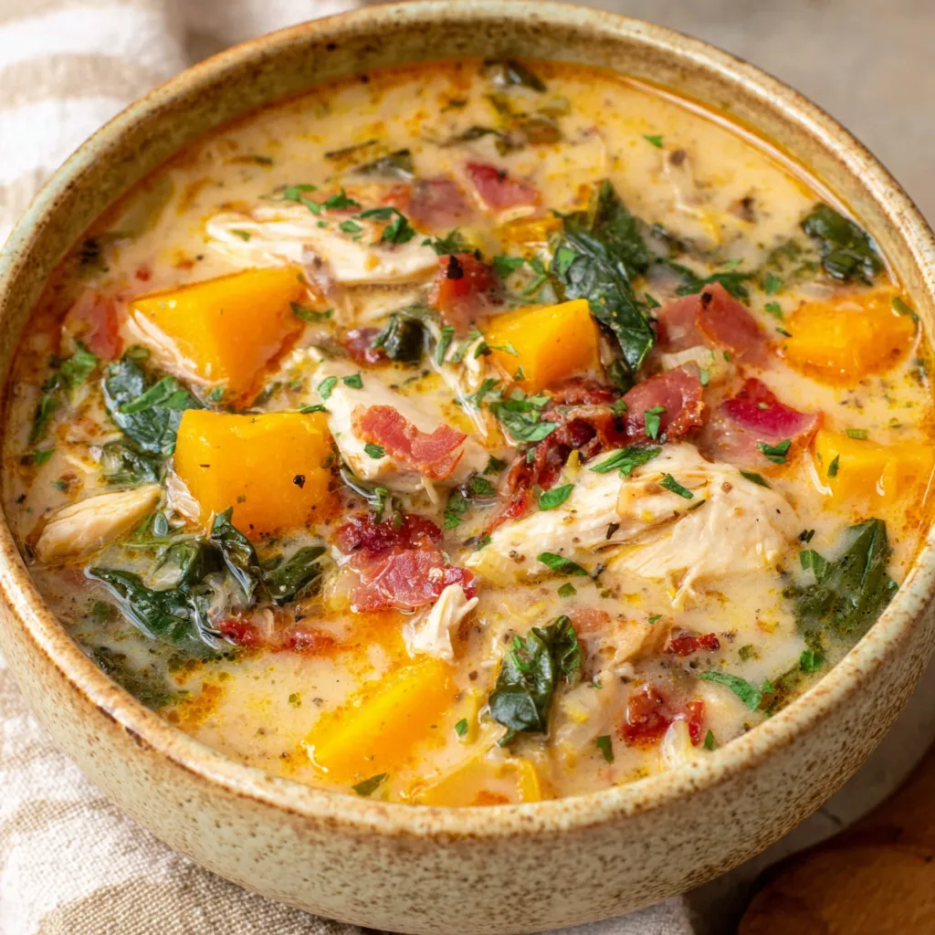Creamy chicken butternut squash soup in a white bowl.