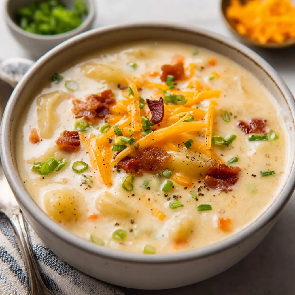 Creamy crockpot potato soup simmering in a slow cooker. Easy recipe!