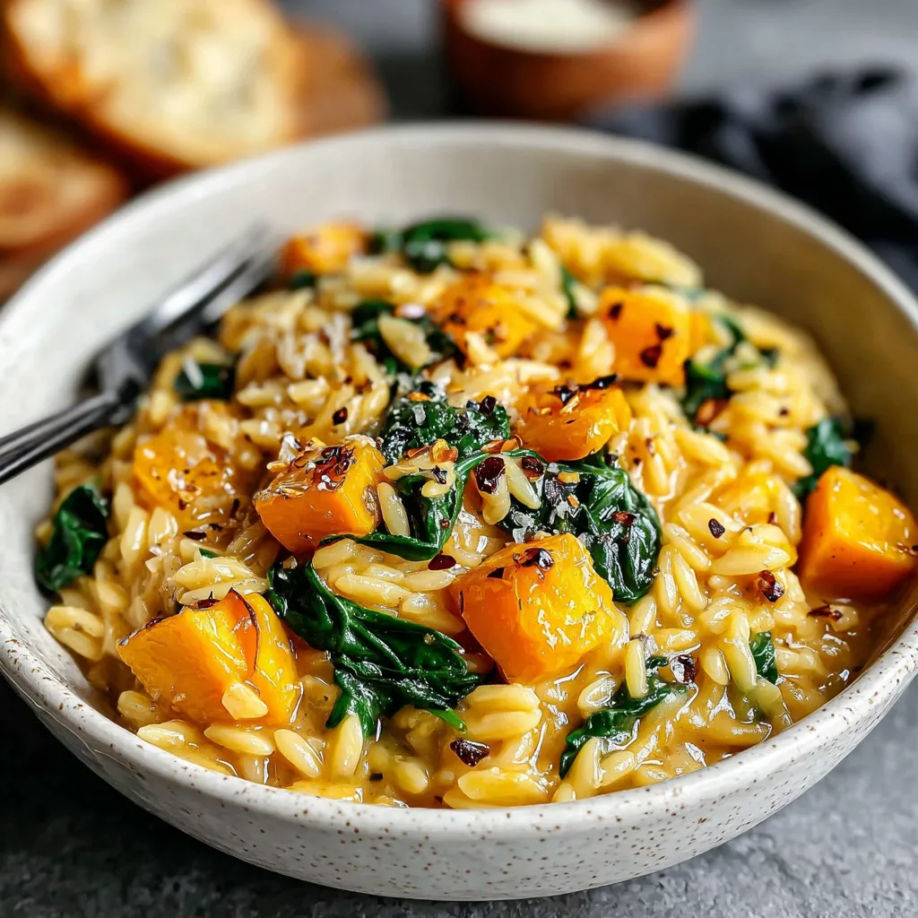 Creamy orzo pasta with roasted butternut squash and spinach.