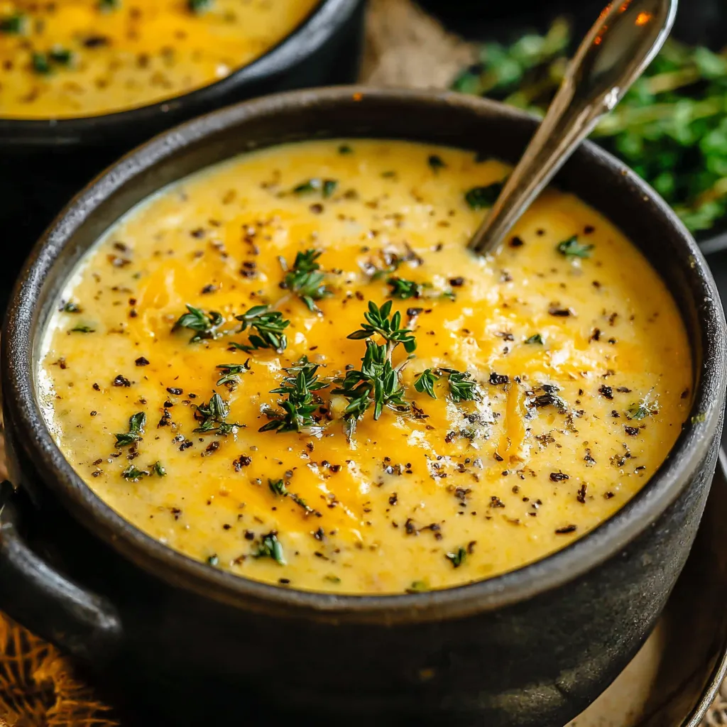 Close-up of creamy cheddar garlic herb potato soup in a bowl.
