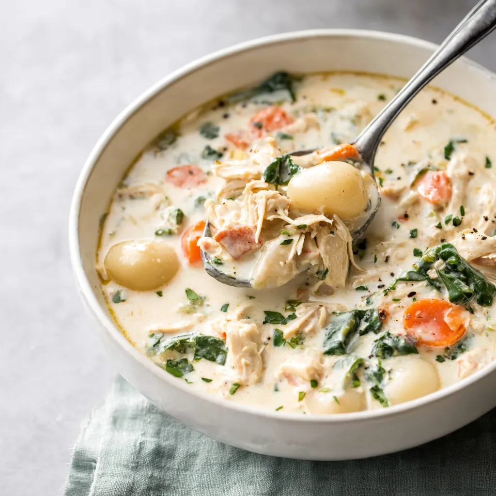 Creamy crockpot chicken gnocchi soup, ready to serve. Comfort food!