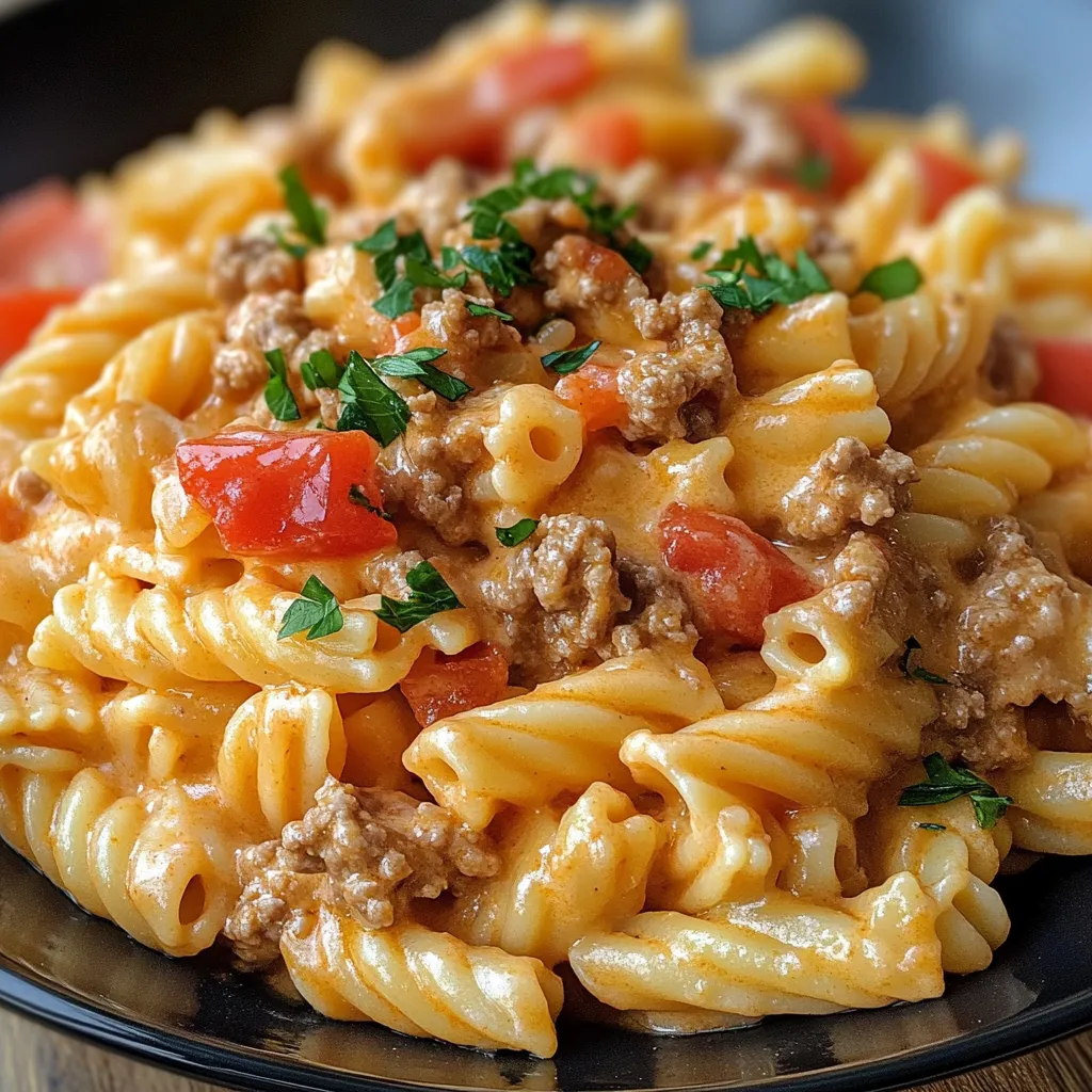 Close-up of creamy Rotel pasta with ground beef, ready to eat.
