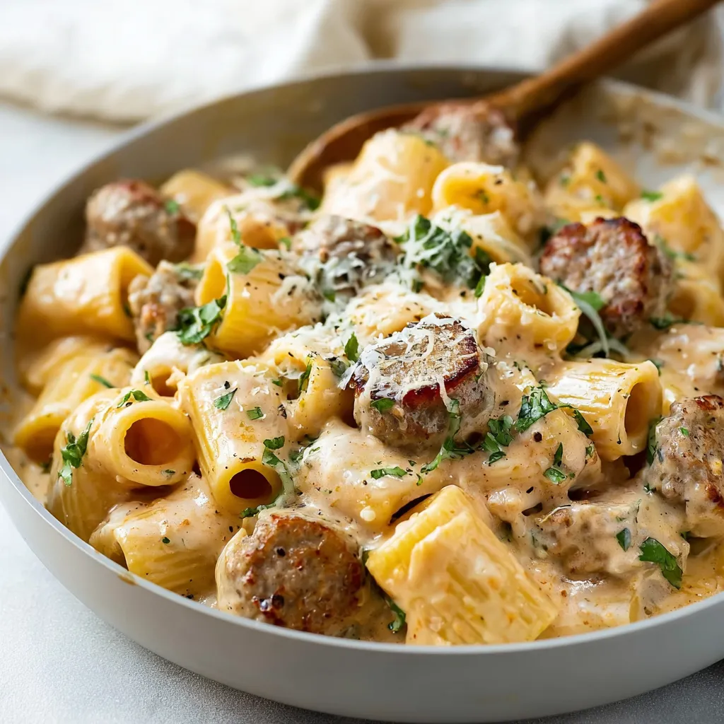Creamy sausage pasta dish: Italian sausage, penne, creamy sauce.