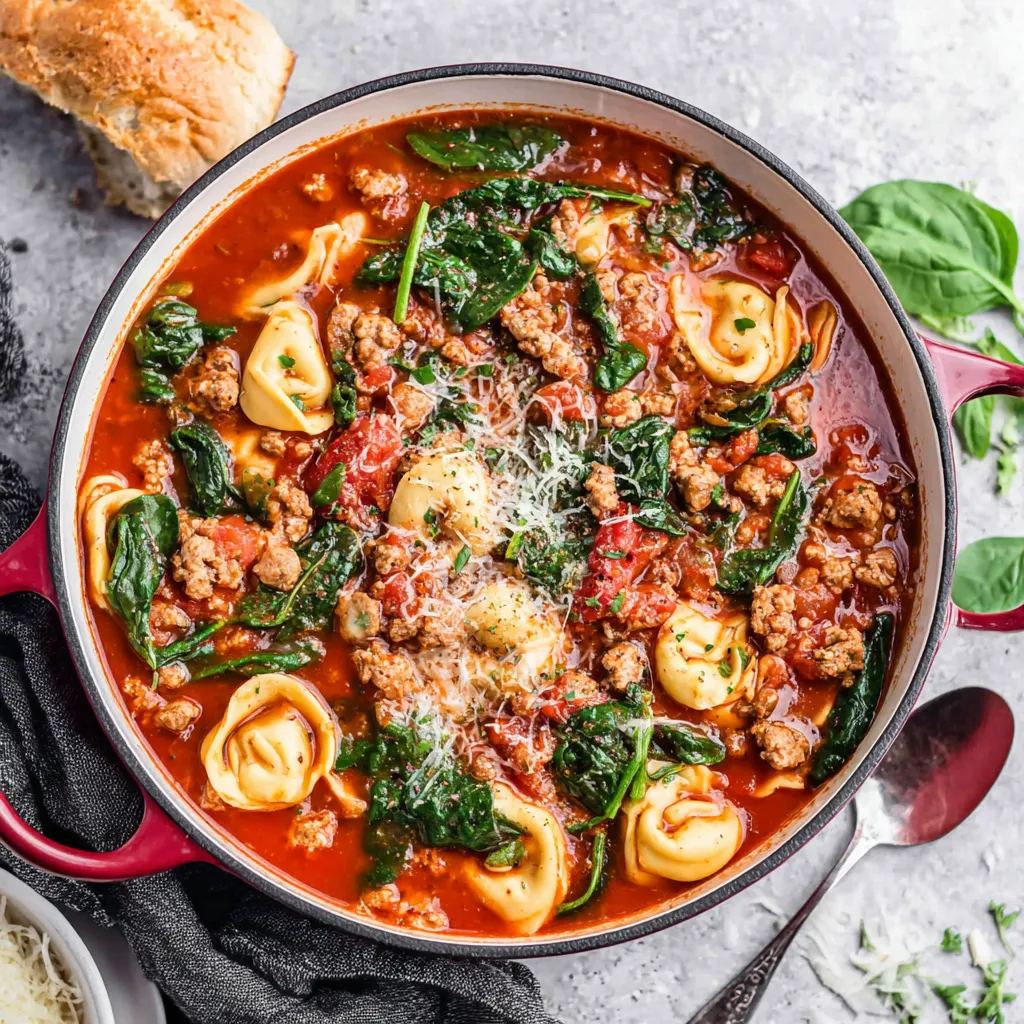 Sausage tortellini soup with spinach in a bowl, ready to eat.