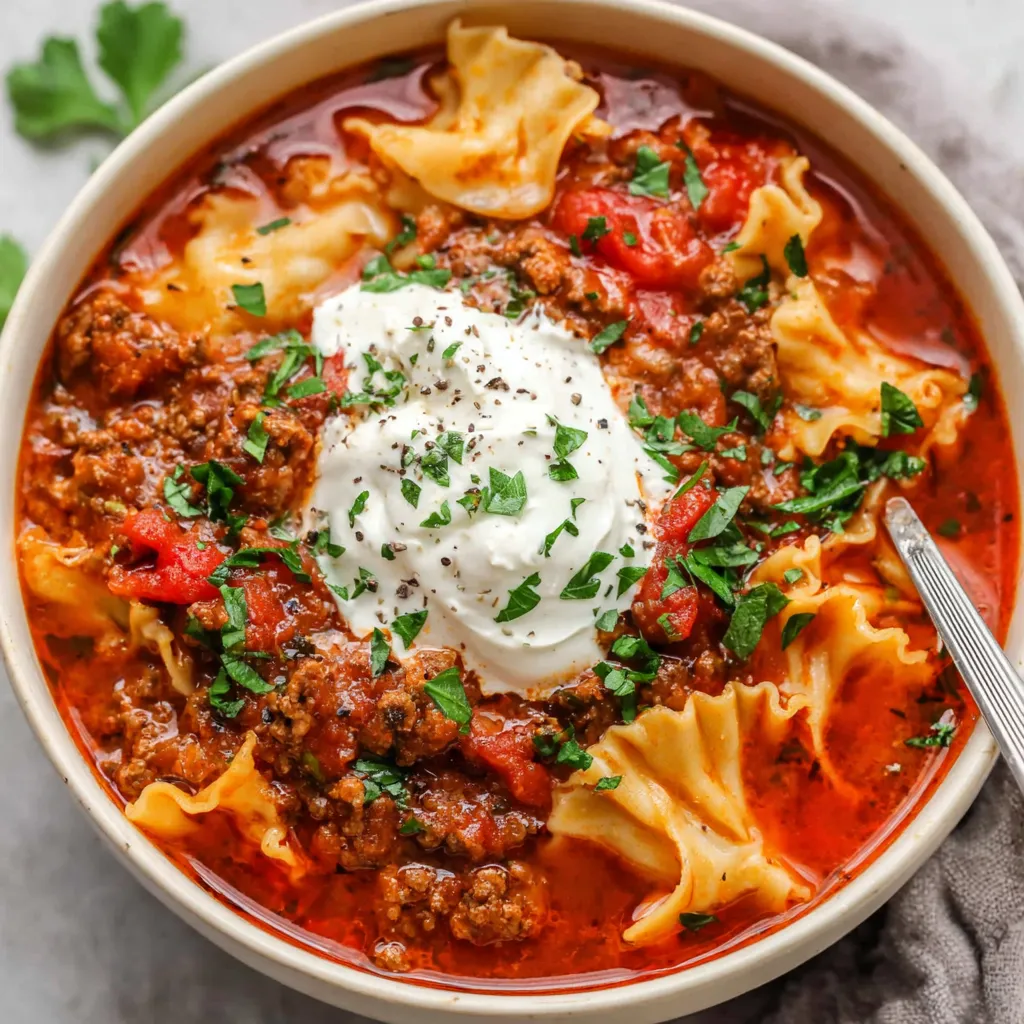 Crockpot lasagna soup in a bowl, ready to eat. Easy slow cooker recipe.