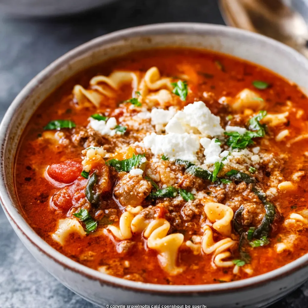 Crockpot Lasagna Soup in a bowl. Cheesy, meaty, and delicious!