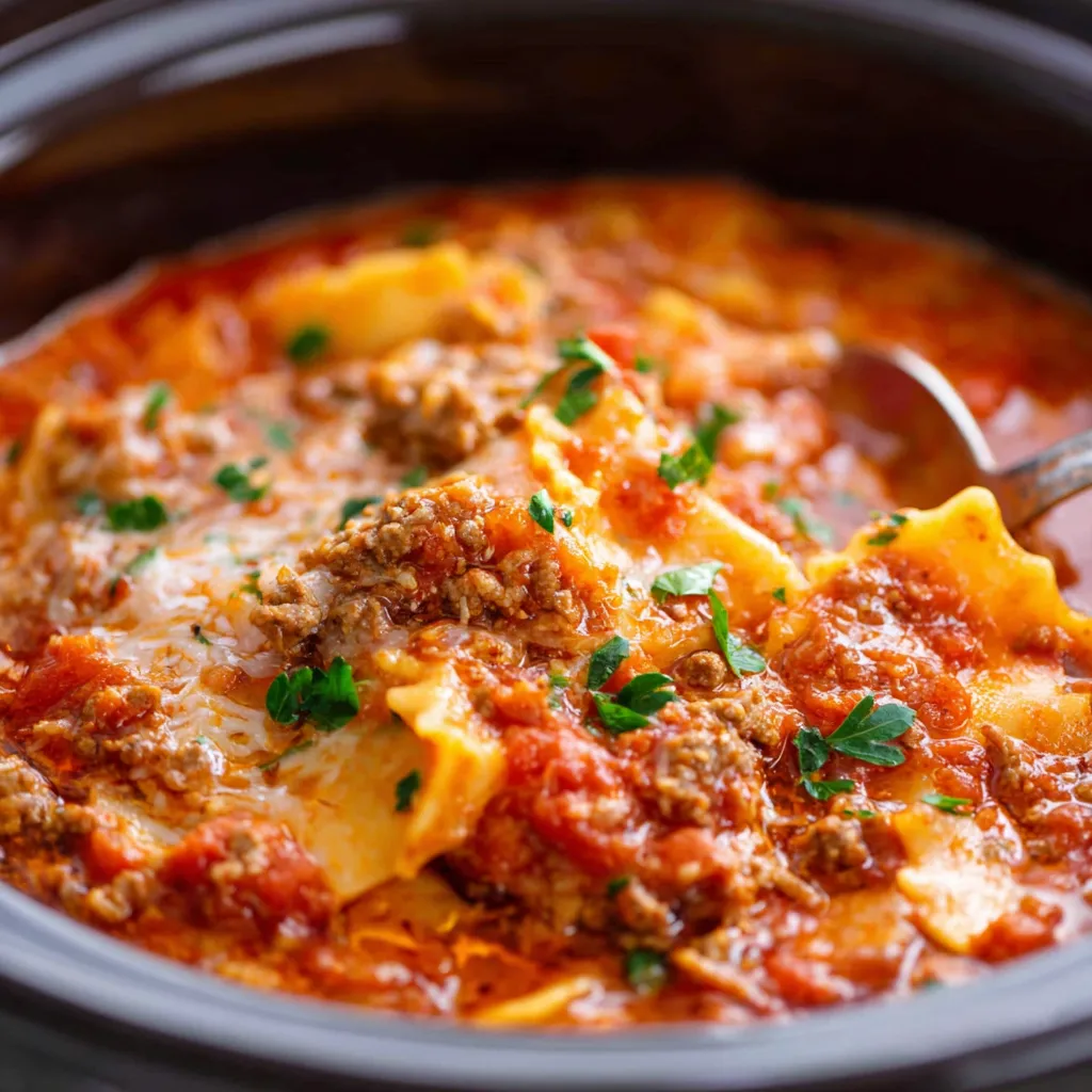 Crockpot lasagna soup in a bowl, ready to eat.