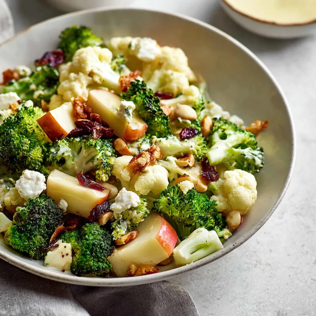 Apple broccoli cauliflower salad: Close-up of mixed colorful salad.