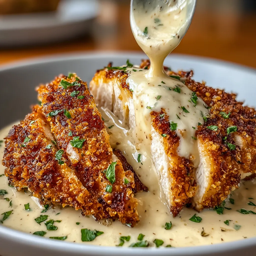 Crispy parmesan chicken with creamy garlic sauce.