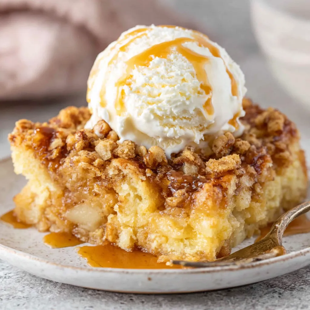 Apple dump cake close-up. Easy apple dessert with cake mix topping.