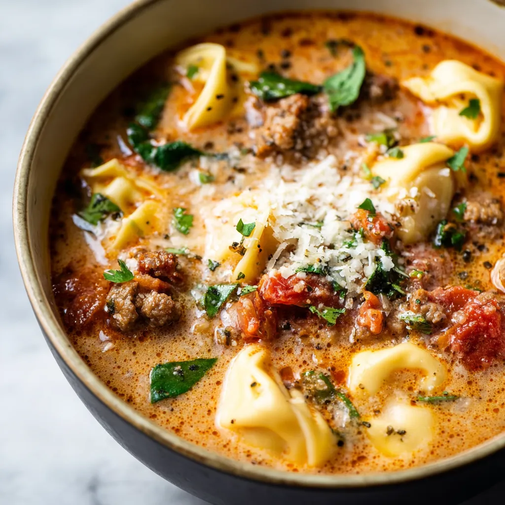 Italian sausage tortellini soup in a bowl, ready to eat.