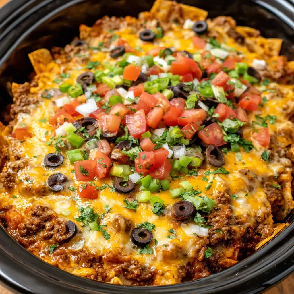 Close-up of delicious, cheesy Crockpot Taco Casserole.