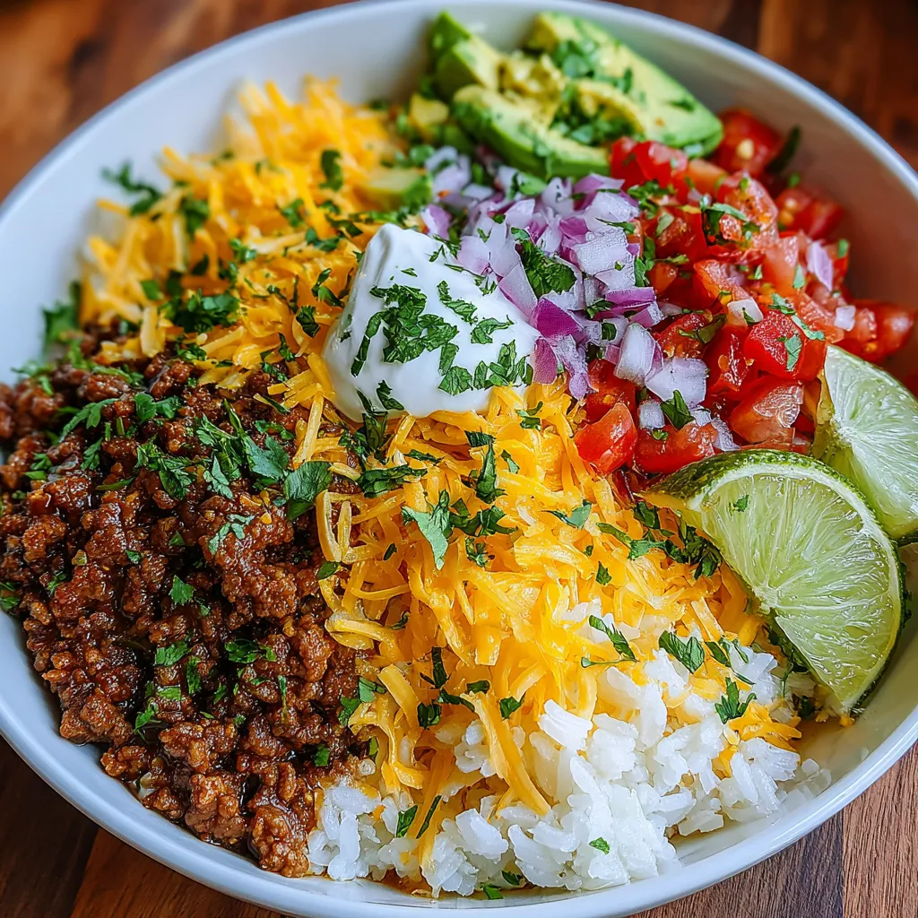 Close-up of a delicious taco rice bowl.