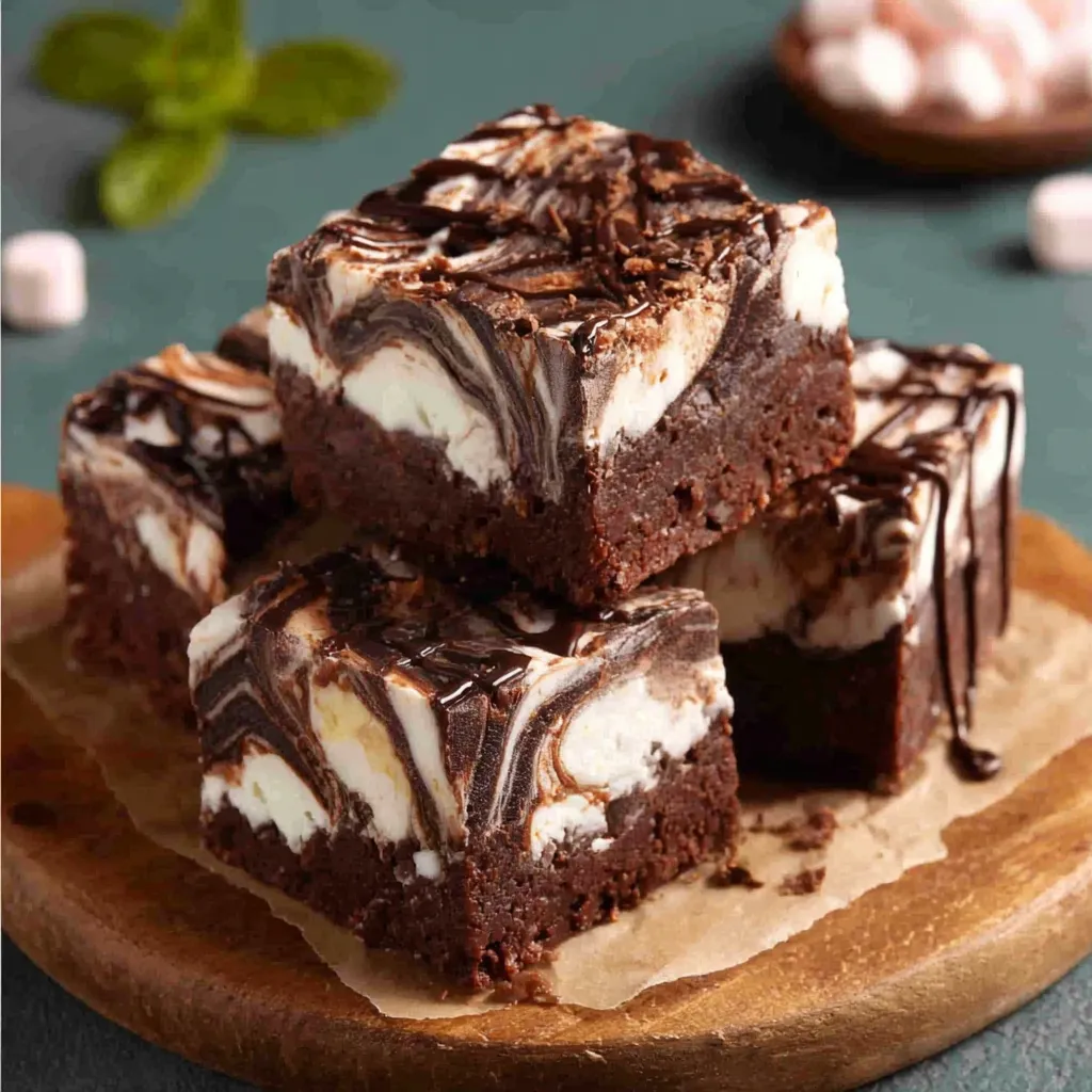 Marshmallow swirl fudge close-up. Creamy, homemade dessert with a gooey marshmallow swirl.