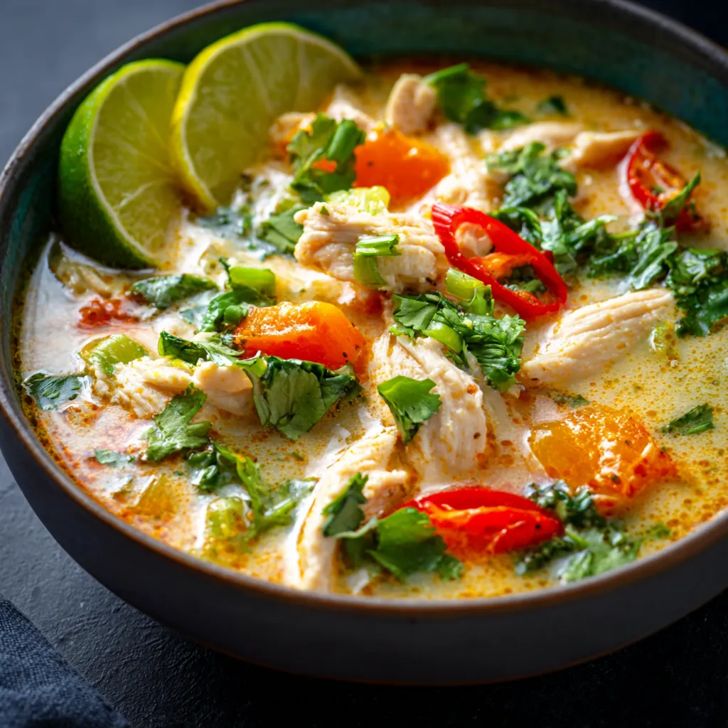 Creamy Thai chicken soup in a bowl. Easy, flavorful weeknight dinner recipe.