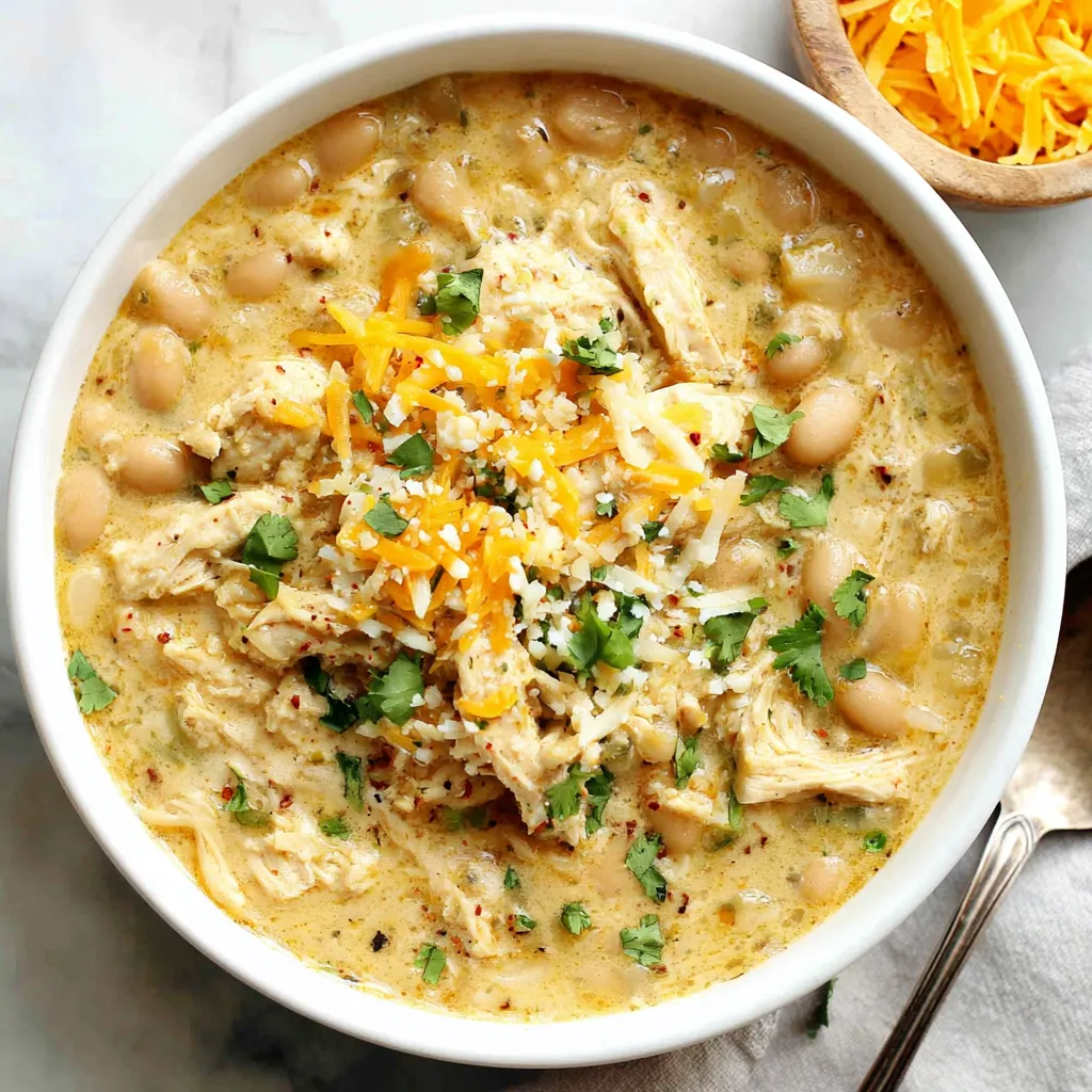 Creamy white chicken chili in a bowl. Easy recipe!