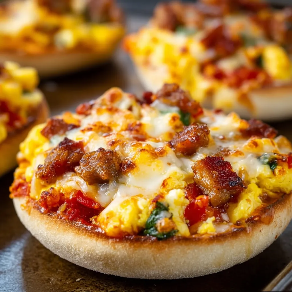 English muffin breakfast pizza with egg, cheese, and bacon.