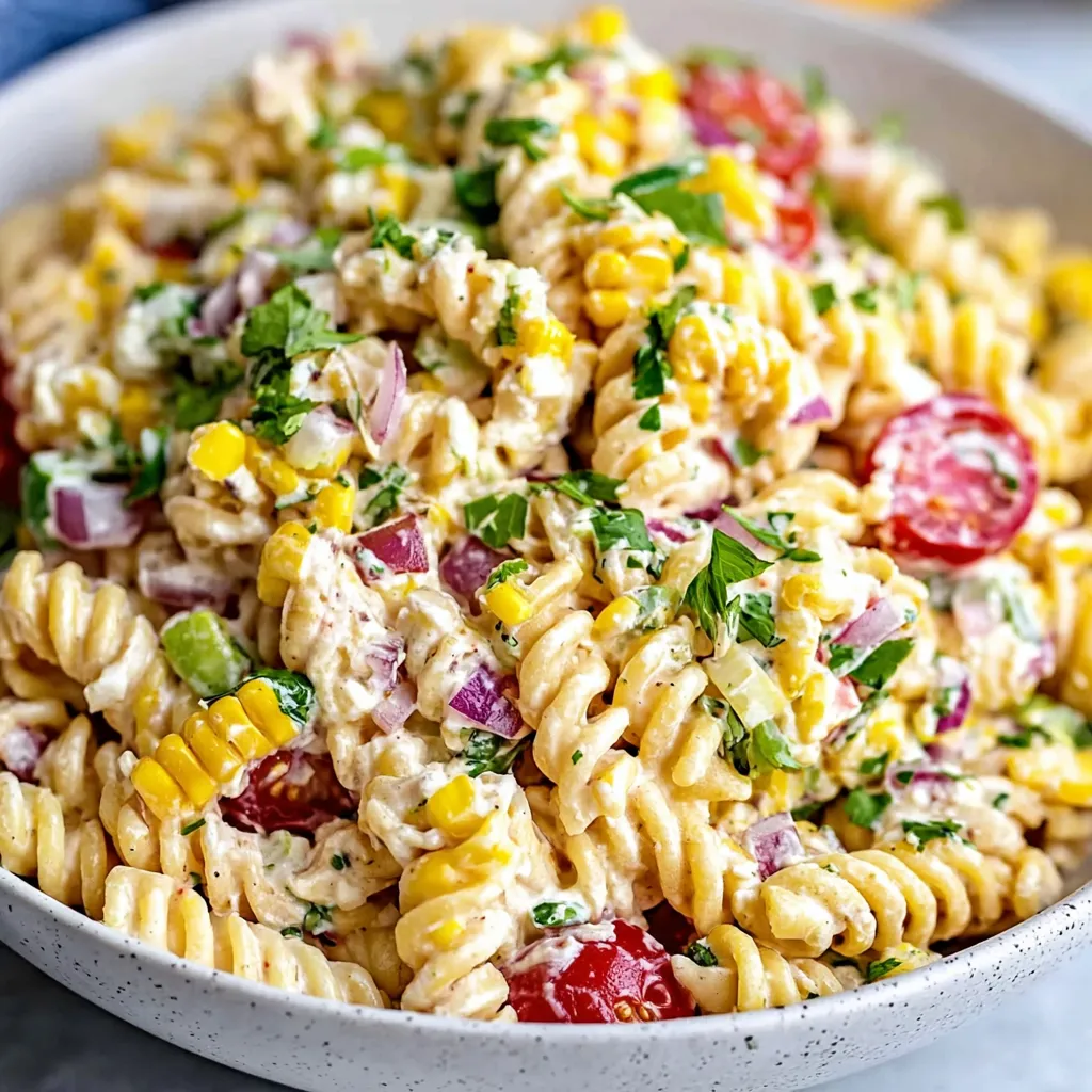 Street Corn Pasta Salad: Pasta salad with grilled corn, cotija, and cilantro.