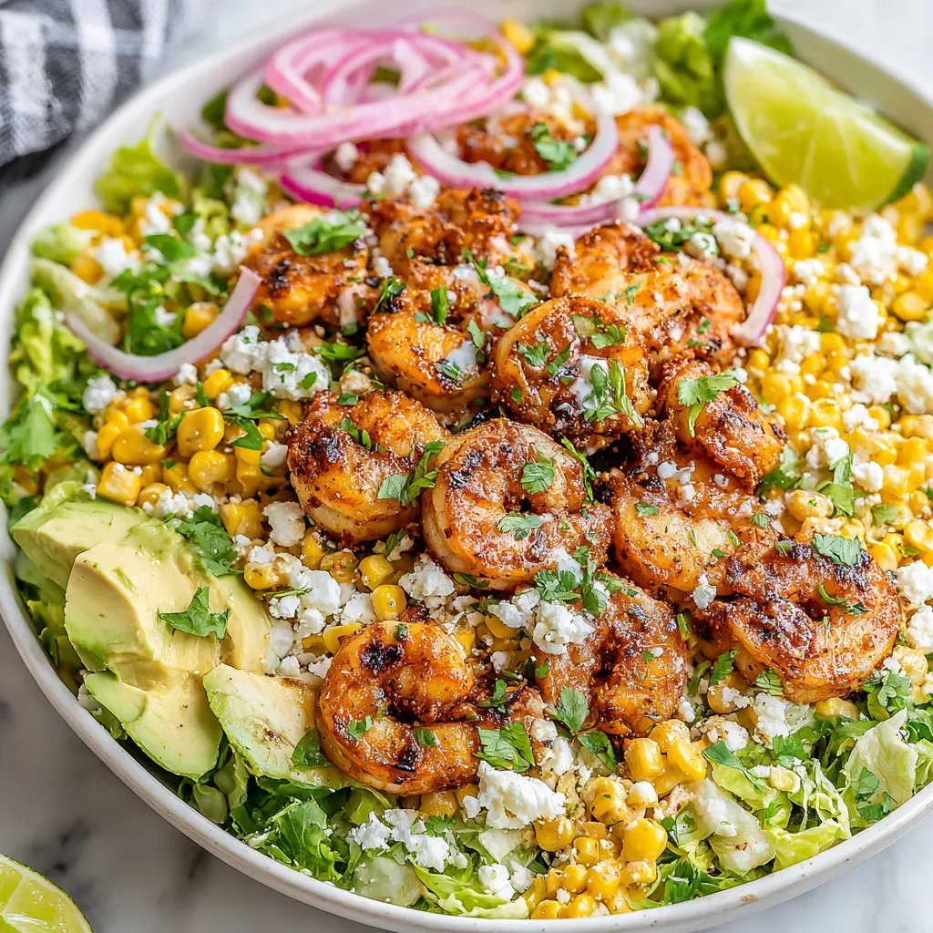 Mexican Street Corn Shrimp Avocado Salad close-up.
