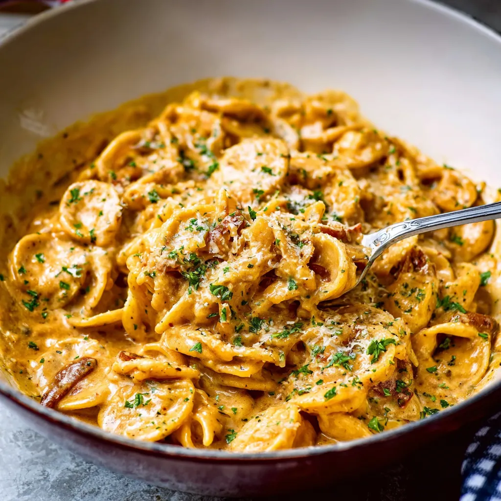 One pot French onion pasta close-up. Creamy, caramelized onions and noodles.