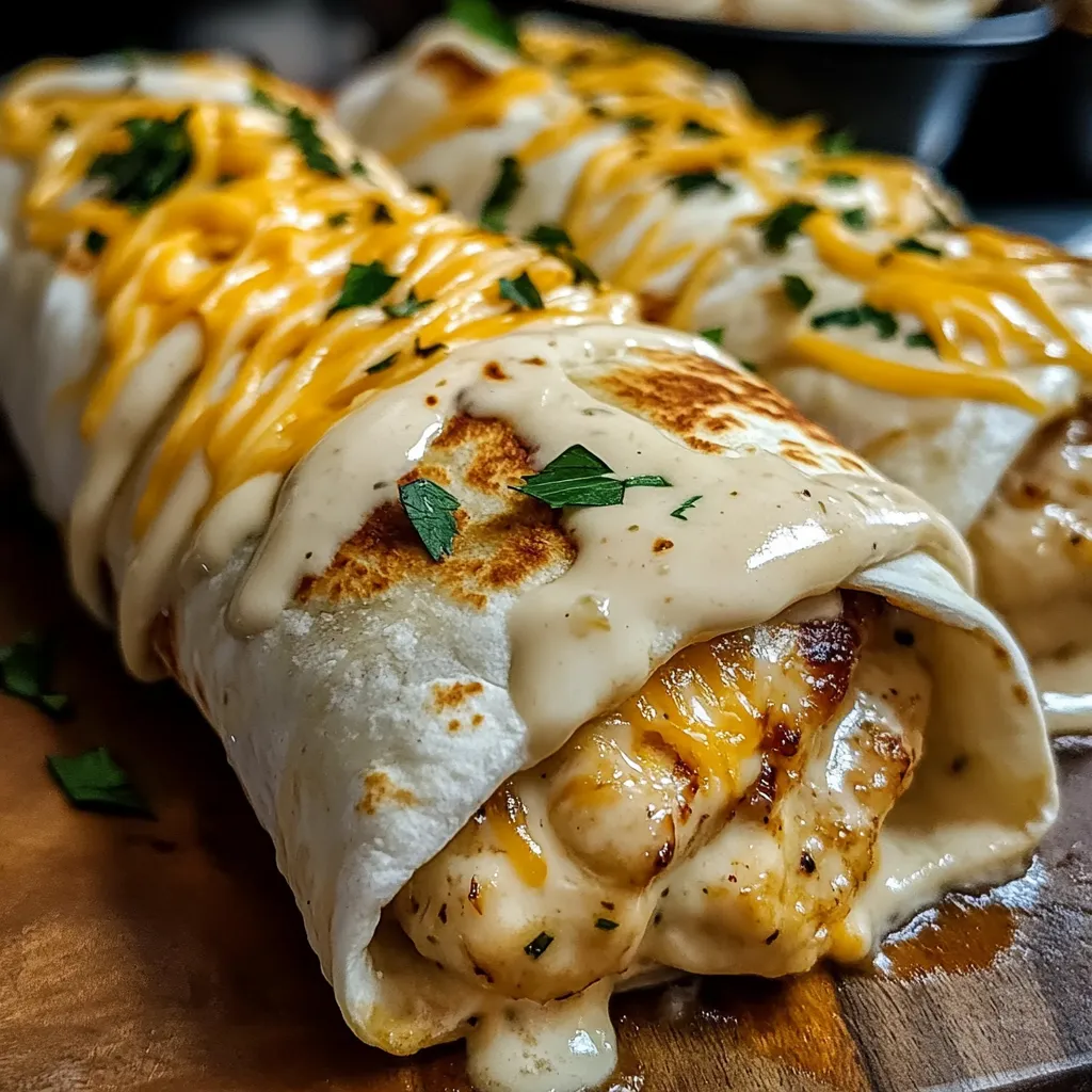 Cheesy Garlic Chicken Wrap: Close-up of filling with chicken, cheese, garlic sauce.