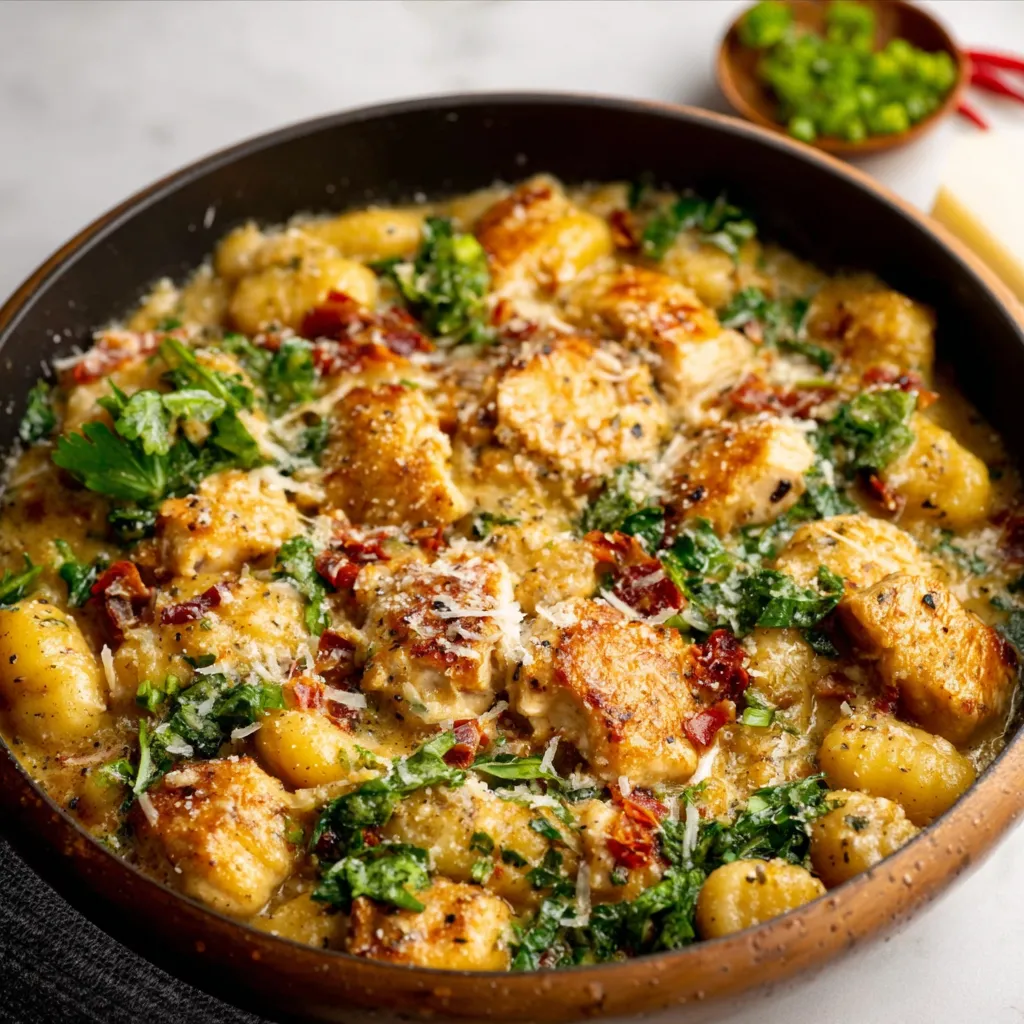Close-up of creamy garlic chicken gnocchi skillet meal.
