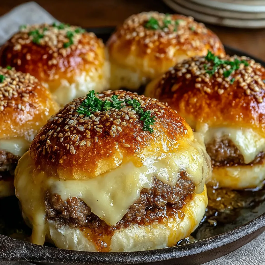 Garlic Parmesan Cheeseburger Bombs: close-up of cheesy, savory burger bombs.