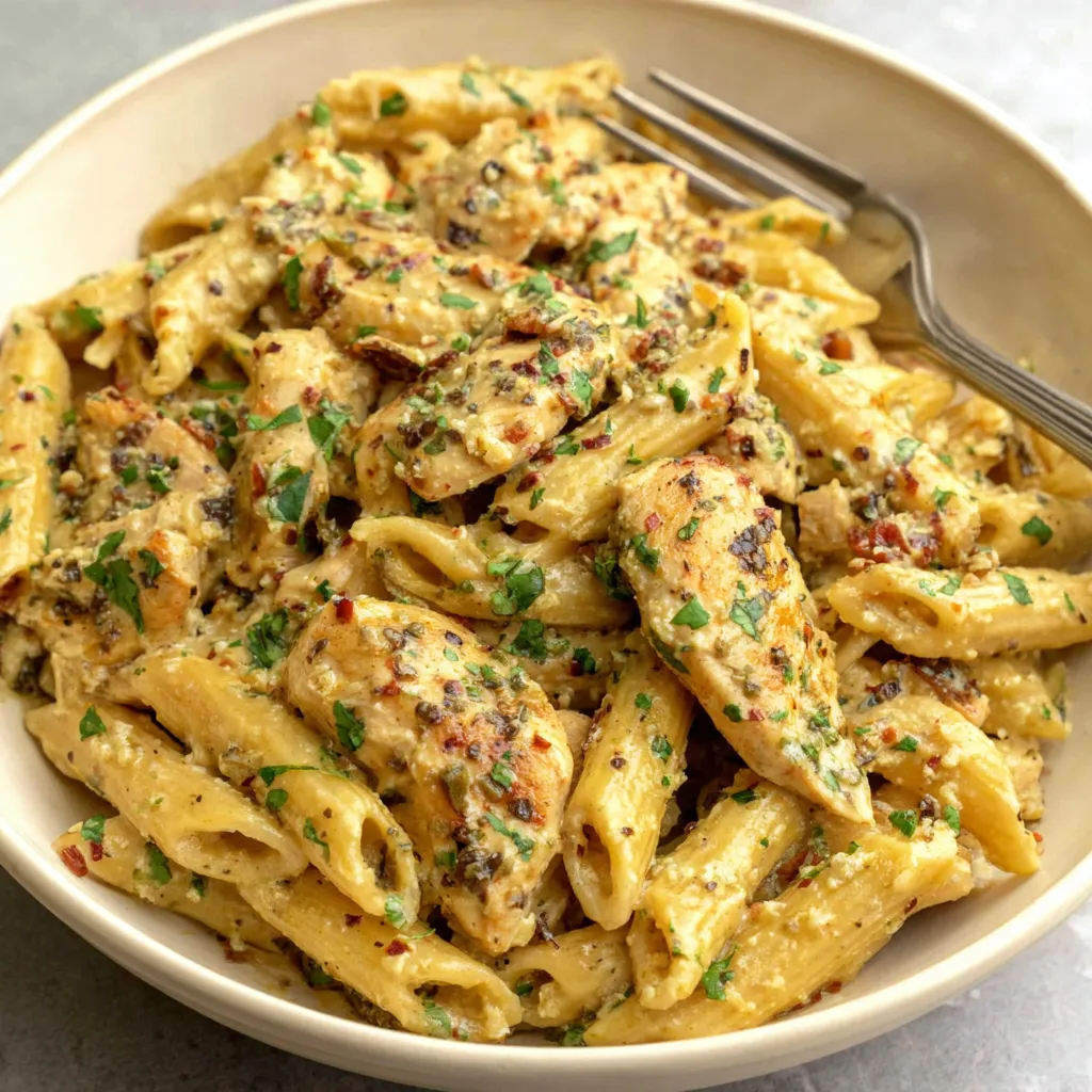 Close-up of creamy garlic parmesan chicken pasta dish.