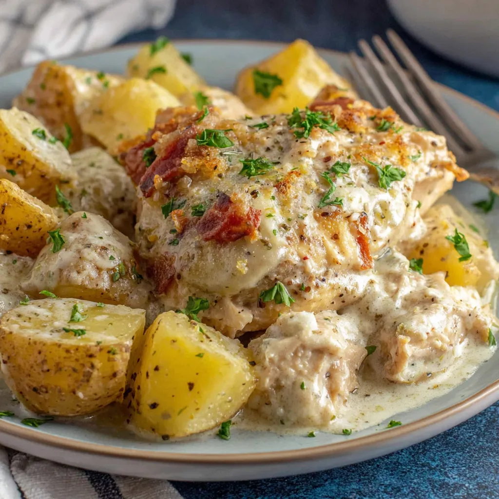 Garlic Parmesan Crockpot Chicken and Potatoes, ready to serve.