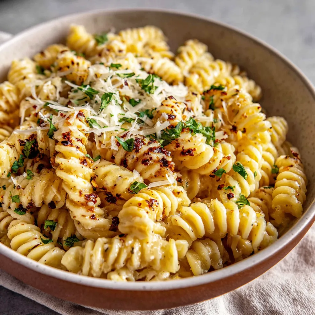 Creamy garlic parmesan pasta, close-up view. Easy weeknight dinner.