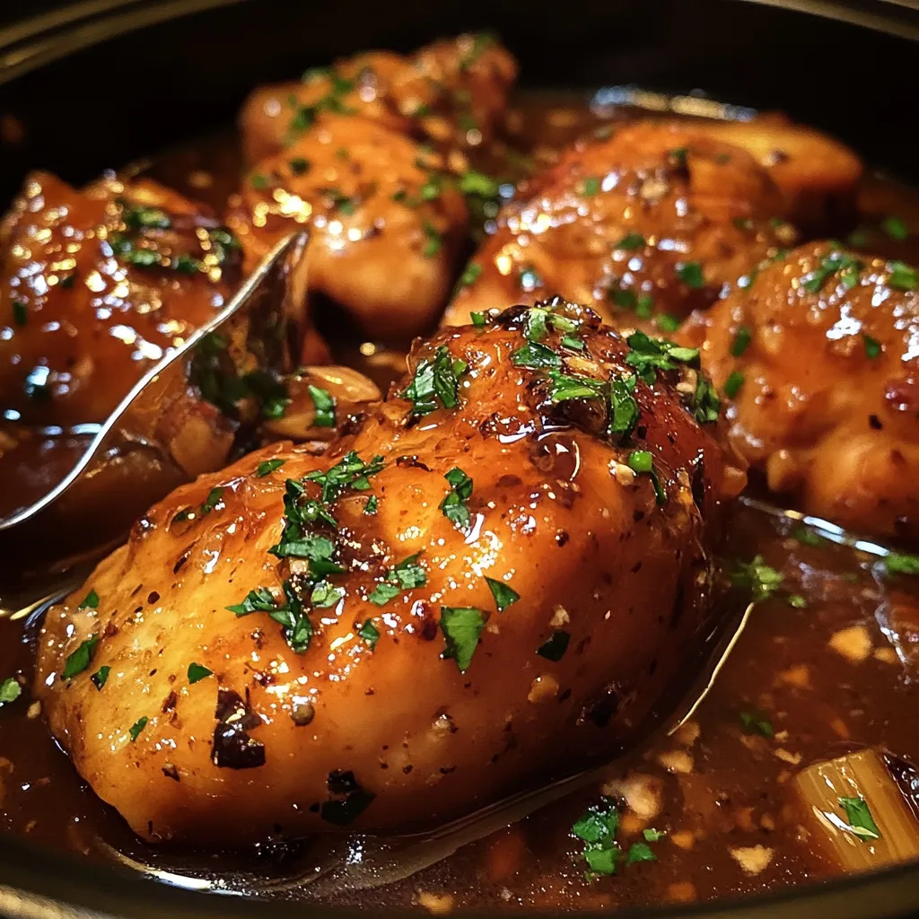 Slow cooker honey garlic chicken, ready to serve. Delicious, easy meal.