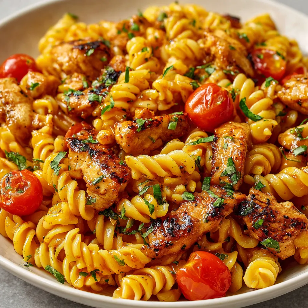 Honey pepper chicken pasta close-up. Easy recipe with chicken, pasta, and honey pepper sauce.