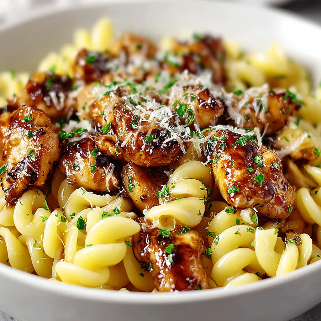 Honey pepper chicken pasta in a bowl. Easy recipe detail.